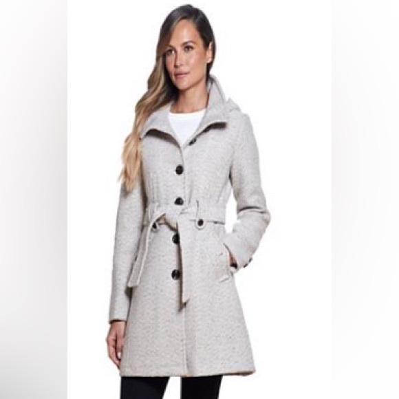 Women's Gallery Hooded Wool Blend Walker Beige Button-Up Coat - Picture 1 of 2